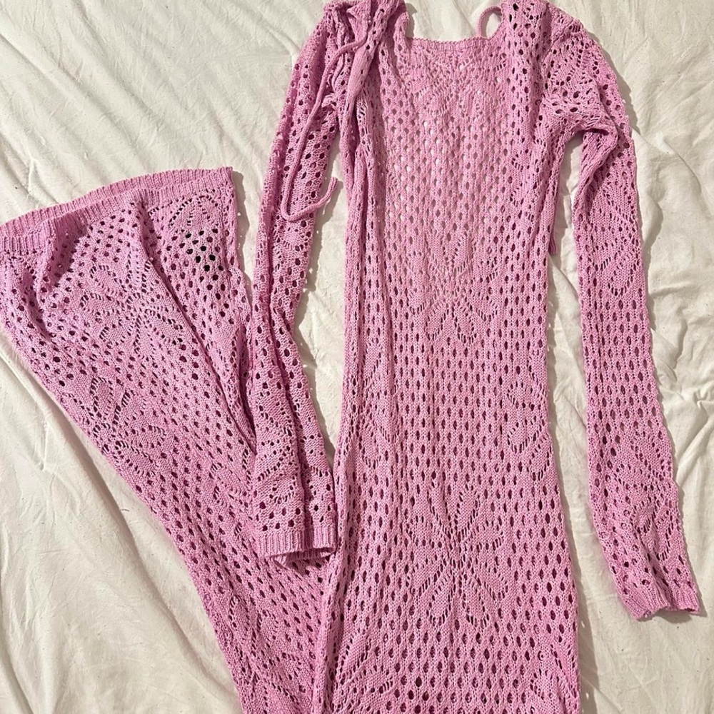 Boohoo Pink Crochet Long Sleeve Maxi Dress